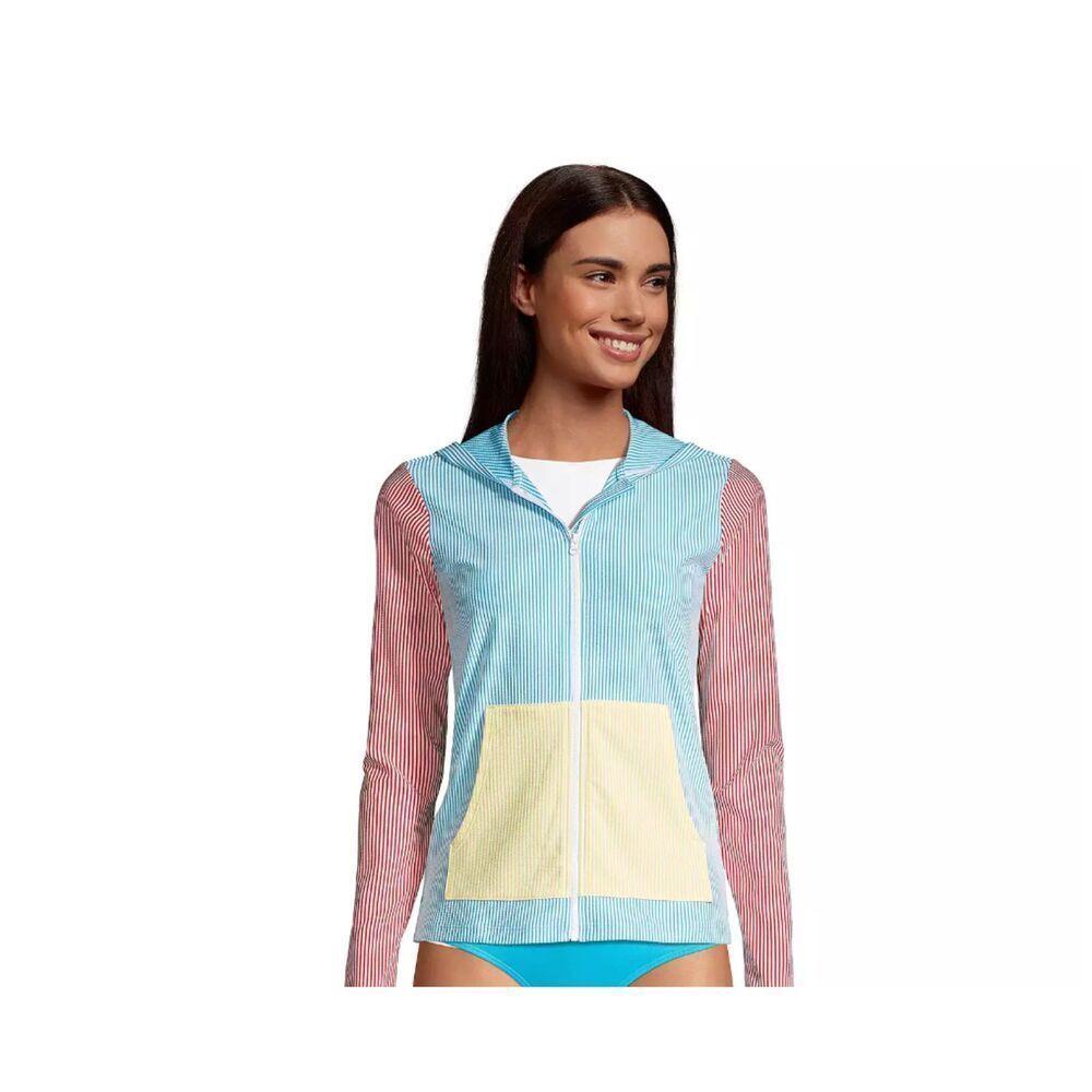 LANDS' END LARGE UPF 50 SEERSUCKER HOODED ZIP-FRONT RASH GUARD